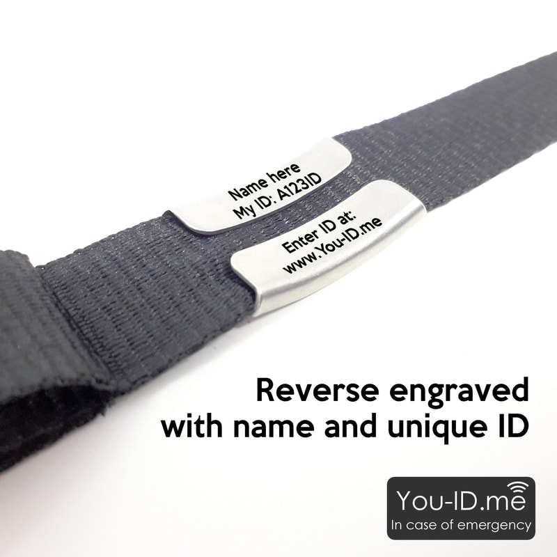 Staff ID lanyard with medical alert tag engraved on front and reverse wiyth name and emergency medical ID number